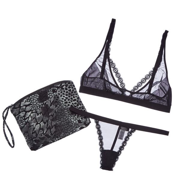 NWT Cosabella Bisou 3 piece Black Bralette & Thong Gift Set size Large - Picture 1 of 6